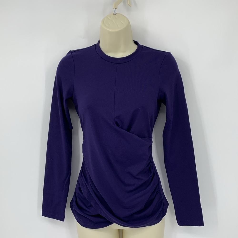 Susana Monaco Faux Wrap crew jersey top shirt blouse Thunder blue ruched new XS